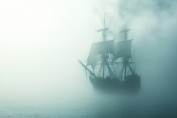 A pirate ship sailing into a sunset