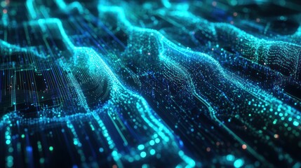 A close-up of a computer screen filled with complex neural network algorithms, glowing in neon blue and green, with visual representations of machine learning processes