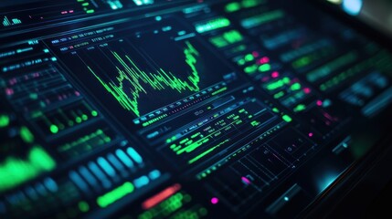 Obraz premium Close-up of digital screen on trader's desk showing complex AI-driven financial model with charts and data illuminated with green neon light.