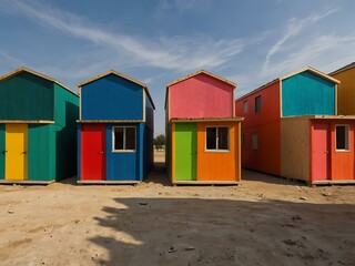 Naklejka premium Colorful plywood houses creating a lively backdrop.