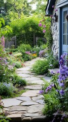 Fototapeta premium Delicate blooms surround a winding stone path leading to a cozy cottage inviting serenity