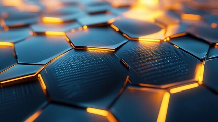 Fototapeta premium Abstract futuristic hexagonal surface with glowing orange lines, showcasing modern technology and innovation.