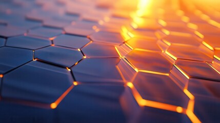 Obraz premium Abstract hexagonal surface illuminated by warm sunset light, creating a futuristic and glowing pattern.