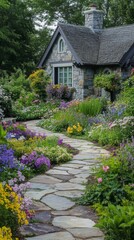 Fototapeta premium A charming garden path meanders through a cottage adorned with colorful flowers