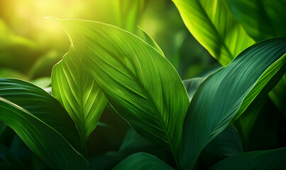 The green leaves touch the evening sun. tropical leaf texture Light