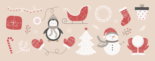 Christmas set of elements. Snowman, Christmas tree, sled, sock, glove. Textured vector illustration