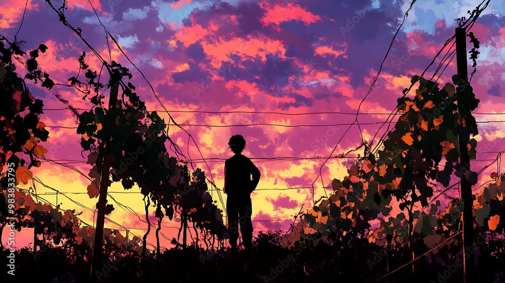 Poster Silhouette of a Person Standing in a Vineyard at Sunset.