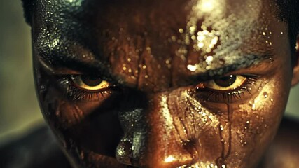 Intense close-up of a focused athlete preparing for competition under dramatic lighting