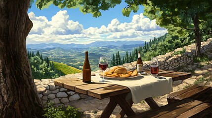 Fototapeta premium Picnic with a View Enjoying Wine and Bread in a Mountainous Landscape.