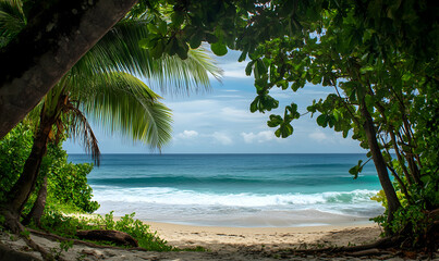 Tropical perfection A serene beach with swaying palms turquoise waves