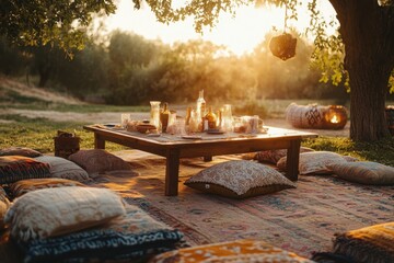 Boho chic picnic setup with low tables and cushions - Powered by Adobe