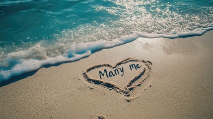 Marry me text and heart on the sand on the tropical ocean beach. Proposal and happy marriage concept