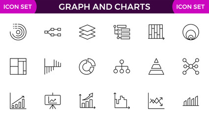 Growing bar graph icon set. Business graphs and charts icons. Statistics and analytics vector icon. Statistic and data, charts diagrams, money, down or up arrow.Outline icon collection.