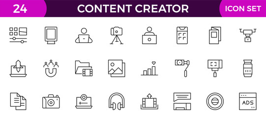 content creator icons set.Outline icon set.