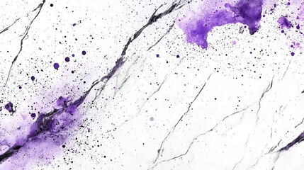 Fototapeta premium Abstract purple and black paint splatter on white marble background.