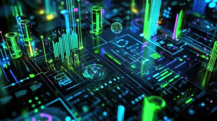 An investor presentation with neon green and blue charts floating in mid-air, showing the potential growth and applications of quantum computing in various industries