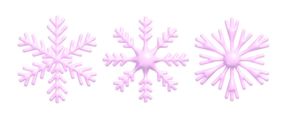 Set of 3d pink snowflakes. Realistic New Year and Christmas decoration of plastic snowflake