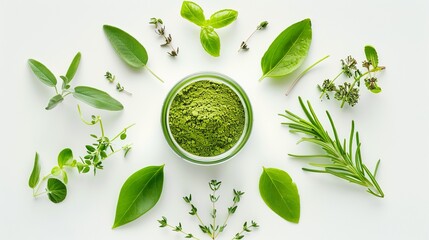 Top view of a flat lay featuring a small jar of matcha powder, Mitanor leaves, and fresh herbs placed in a circular arrangement on a white background.