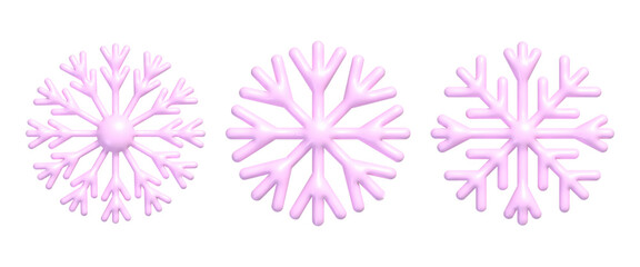 Set of 3d pink snowflakes. Realistic New Year and Christmas decoration of plastic snowflake