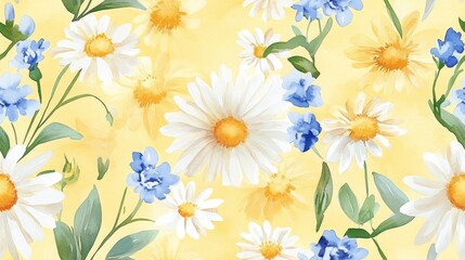 Fototapeta premium Watercolor floral pattern featuring daisies and wildflowers on a yellow background ideal for fabric and gift paper