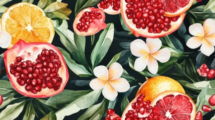 Citrus and pomegranate fruits with flowers in a tropical setting watercolor jungle design Floral seamless pattern