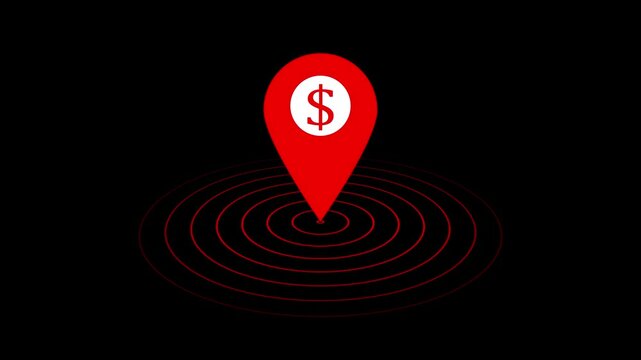 Location pointer and dollar sign with radio wave signal animation on black background.