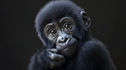 Photo of a baby gorilla isolated against a black background, wild animal day