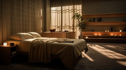 A cozy bedroom, a room in a spa center in warm colors with a comfortable interior, soft lighting and decorative elements. A bed with fluffy pillows and a blanket. Decorative items and candles.