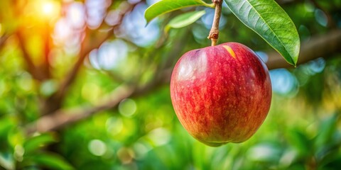 A juicy Ripe Jamaican apple fruit hangs temptingly from a sturdy branch, its vibrant red and yellow skin