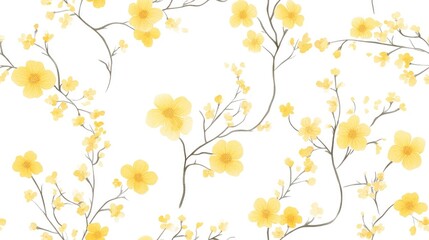 Seamless pattern featuring delicate small yellow flowers on a white background ideal for spring and summer floral designs in textiles and greeting cards