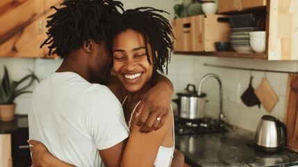 A joyful couple embracing in a cozy kitchen, radiating love and happiness in their intimate moment together.