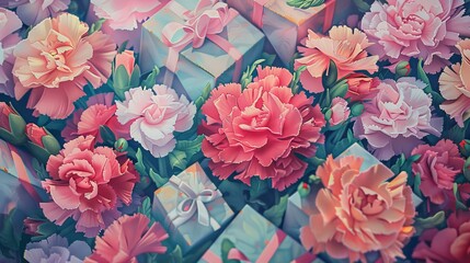 Obraz premium Vintage-style mother's day greeting poster showcasing beautifully detailed carnations and gift boxes, rendered in pastel colors as an acrylic painting, captured in a close-up aerial perspective to hig