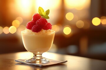 Creamy Dessert with Raspberries and a Green Leaf Garnish