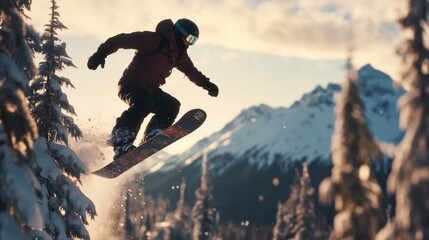 An exciting photo of a snowboarder performing a high jump against a backdrop of snow-covered pine trees and mountains.