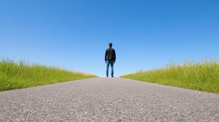 A person stands alone on an empty road beneath a clear blue sky, surrounded by lush green grass, symbolizing freedom and journey.
