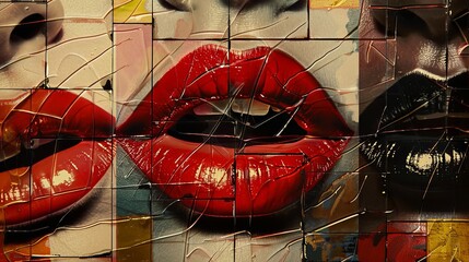 Creative collage of lips with music player elements, featuring vibrant colors and abstract shapes, perfect for modern digital art, music-themed designs, and bold artistic projects