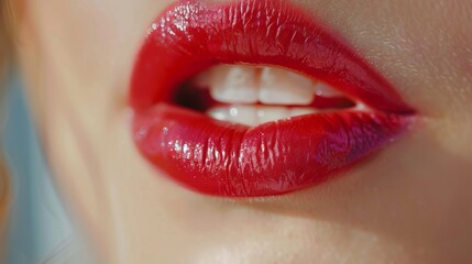 Obraz premium Close-up of sensual female lips with glossy red lipstick and pink lip gloss, highlighting natural beauty and lip care in stunning macro detail, perfect for skincare, cosmetic, and beauty product campa