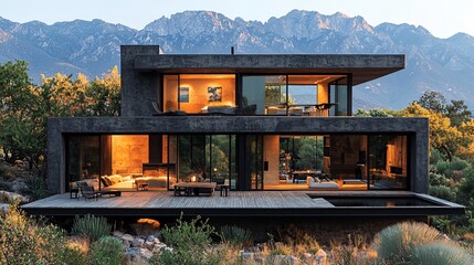 A sleek modern house with a cantilevered deck, providing breathtaking views of a jagged mountain range