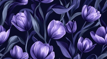 Fototapeta premium Purple abstract tulips on a blue background for textiles Seamless floral and geometric pattern on a dark background for wallpaper and decor