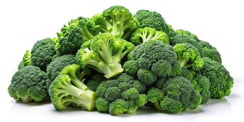 A mound of fresh, green broccoli florets teems with life on a spotless white backdrop, its delicate hue