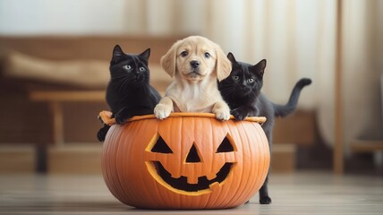 Puppy in a pumpkin carriage, being pulled by black cats, dog  halloween  pumpkin, fairytale halloween theme