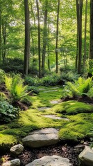 A tranquil garden path weaves through vibrant ferns and soft moss under dappled sunlight