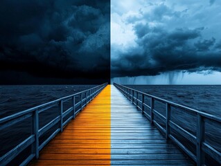 A bridge leading from a dark, stormy side to a bright, calm side, representing the journey of overcoming negative thinking