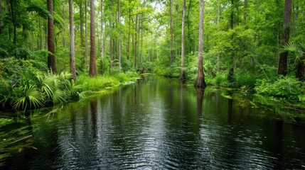 Forested wetland area with diverse flora and fauna, emphasizing wetland restoration and forest integration