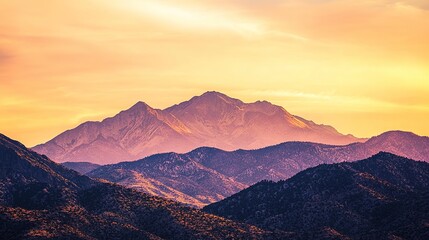 Obraz premium Majestic mountain peak illuminated by the warm hues of a stunning sunset, with the sky transitioning from vibrant orange and pink to deep purple. The serene landscape captures the beauty of nature, 