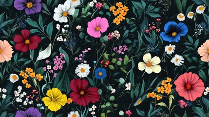 Beautiful floral pattern featuring various types of flowers with randomly scattered botanical motifs