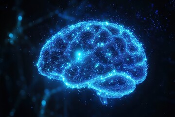 Generate a high-resolution digital image of a glowing, futuristic brain made of circuit-like