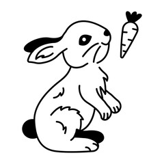 Hungry rabbit chasing carrot, doodle icon 