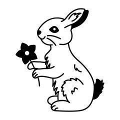 Drawing style icon of garden rabbit holding flower 