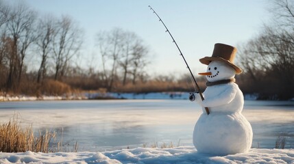 Obraz premium A snowman dressed as a fisherman, complete with a fishing rod and wearing a bucket hat, positioned beside a frozen pond. Bare winter trees and a clear sky provide a serene and whimsical backdrop.
